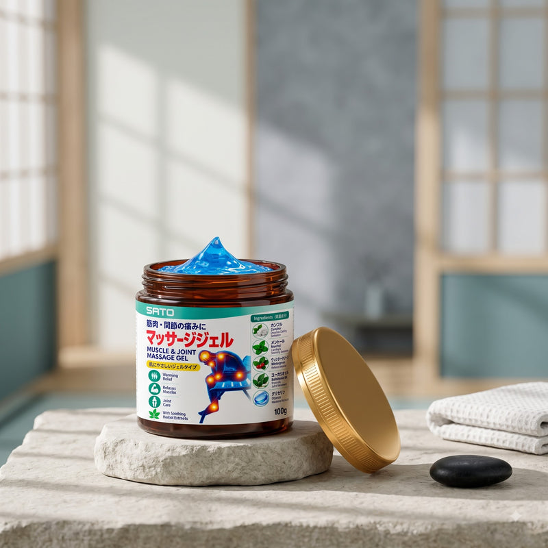 Open amber jar of blue massage gel with its gold lid