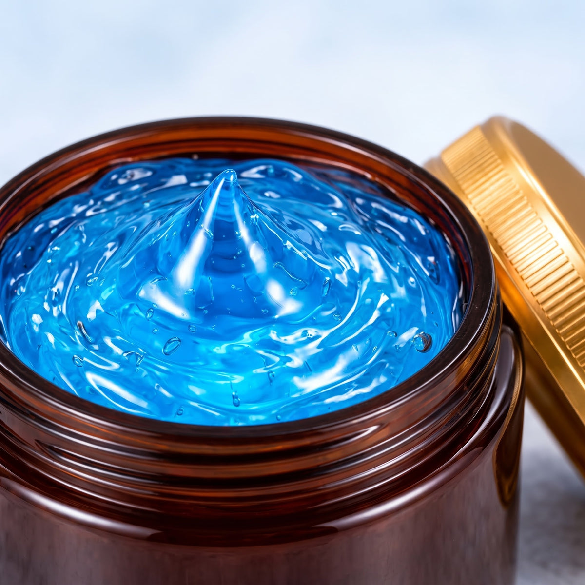 Close-up of the blue gel inside the amber jar
