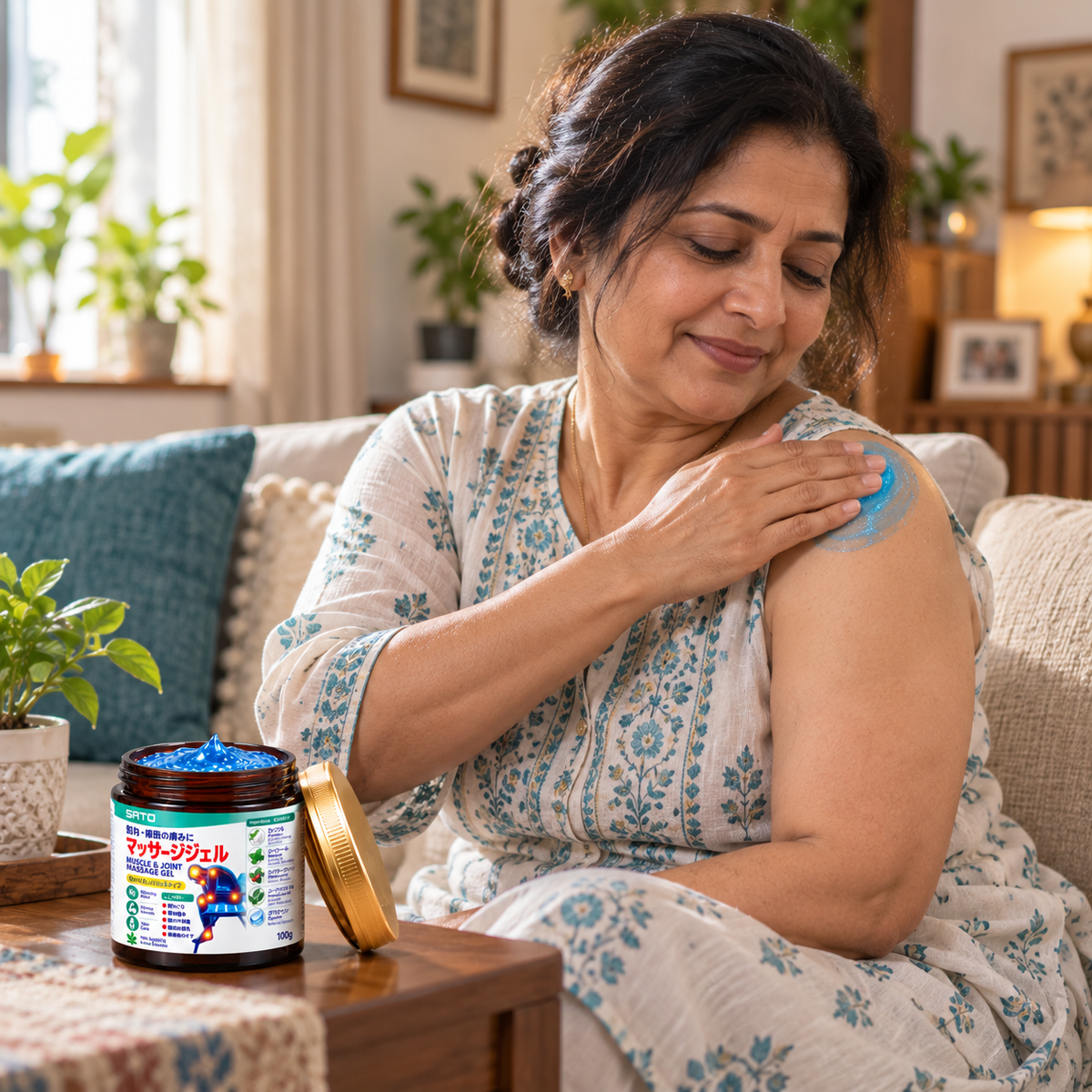 Woman applying the gel to her shoulder at home