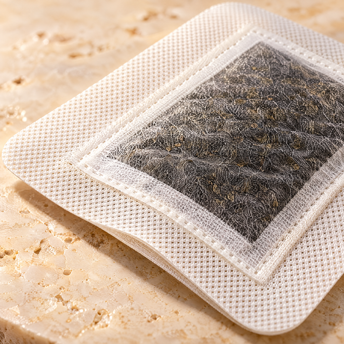 Close-up of a patch: mesh adhesive border, dark inner pad