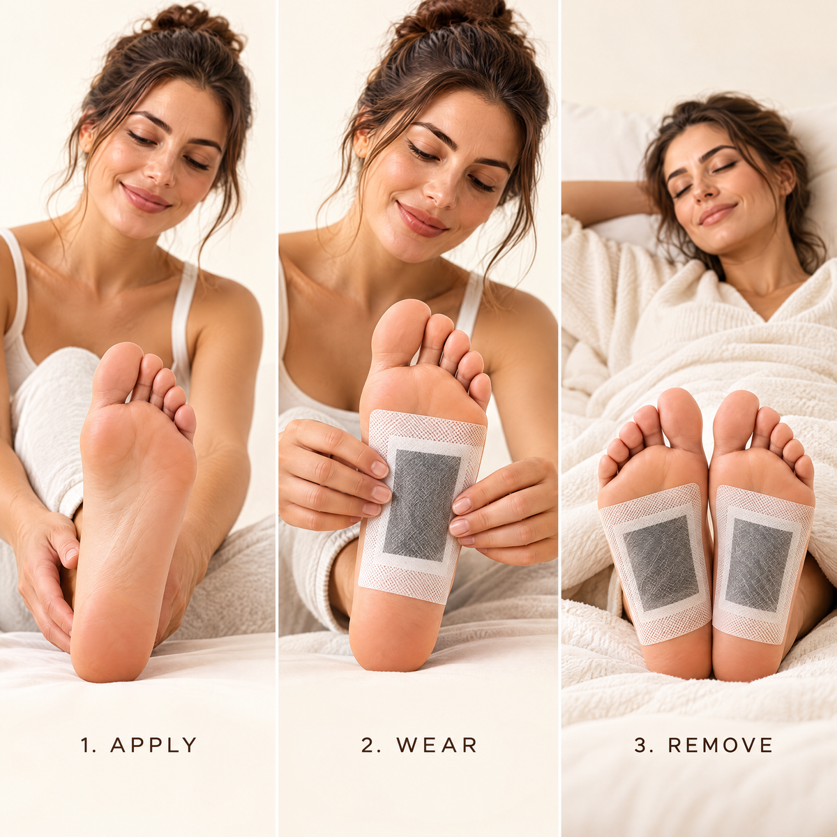 Three panels: apply, wear, remove