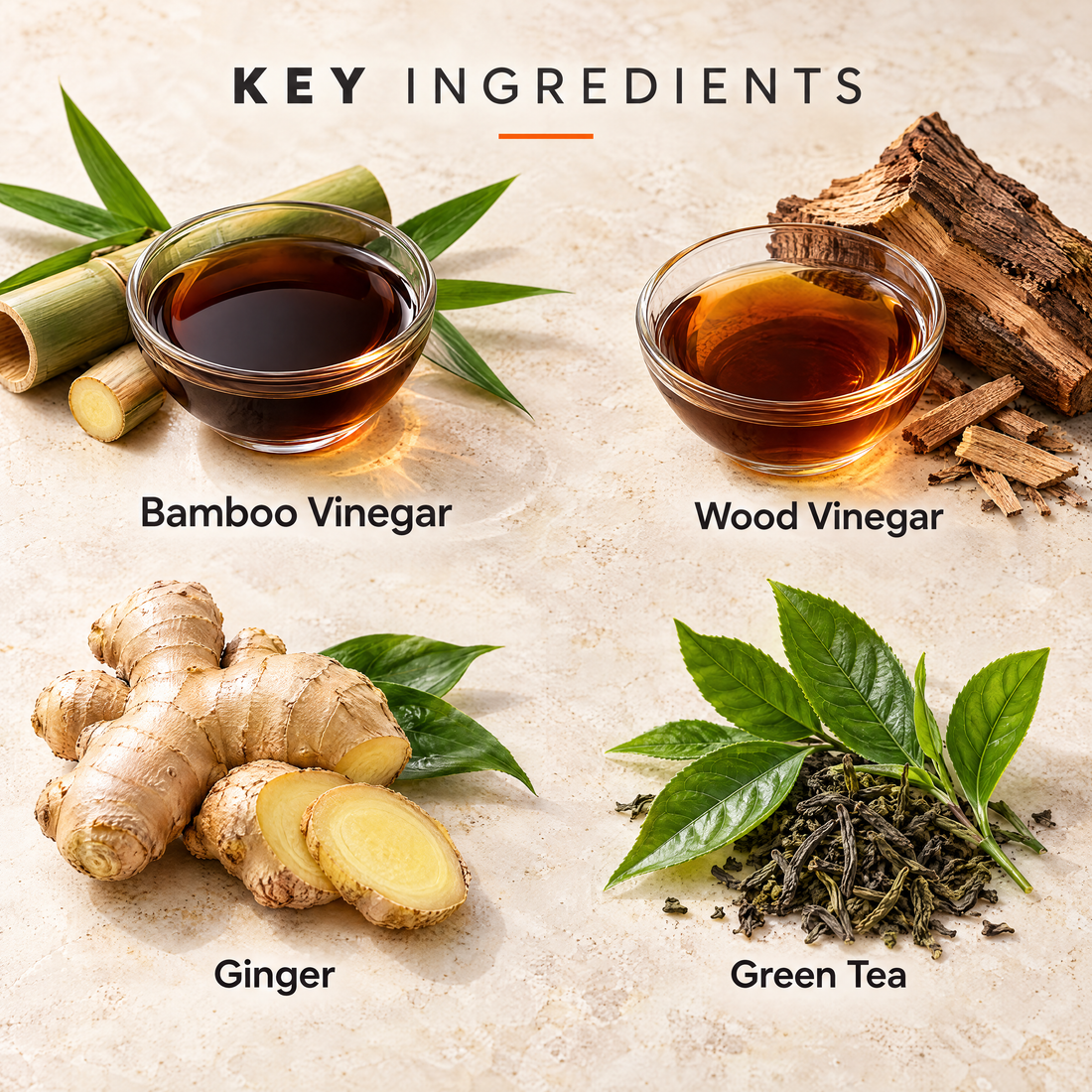 Bamboo vinegar, wood vinegar, ginger and green tea