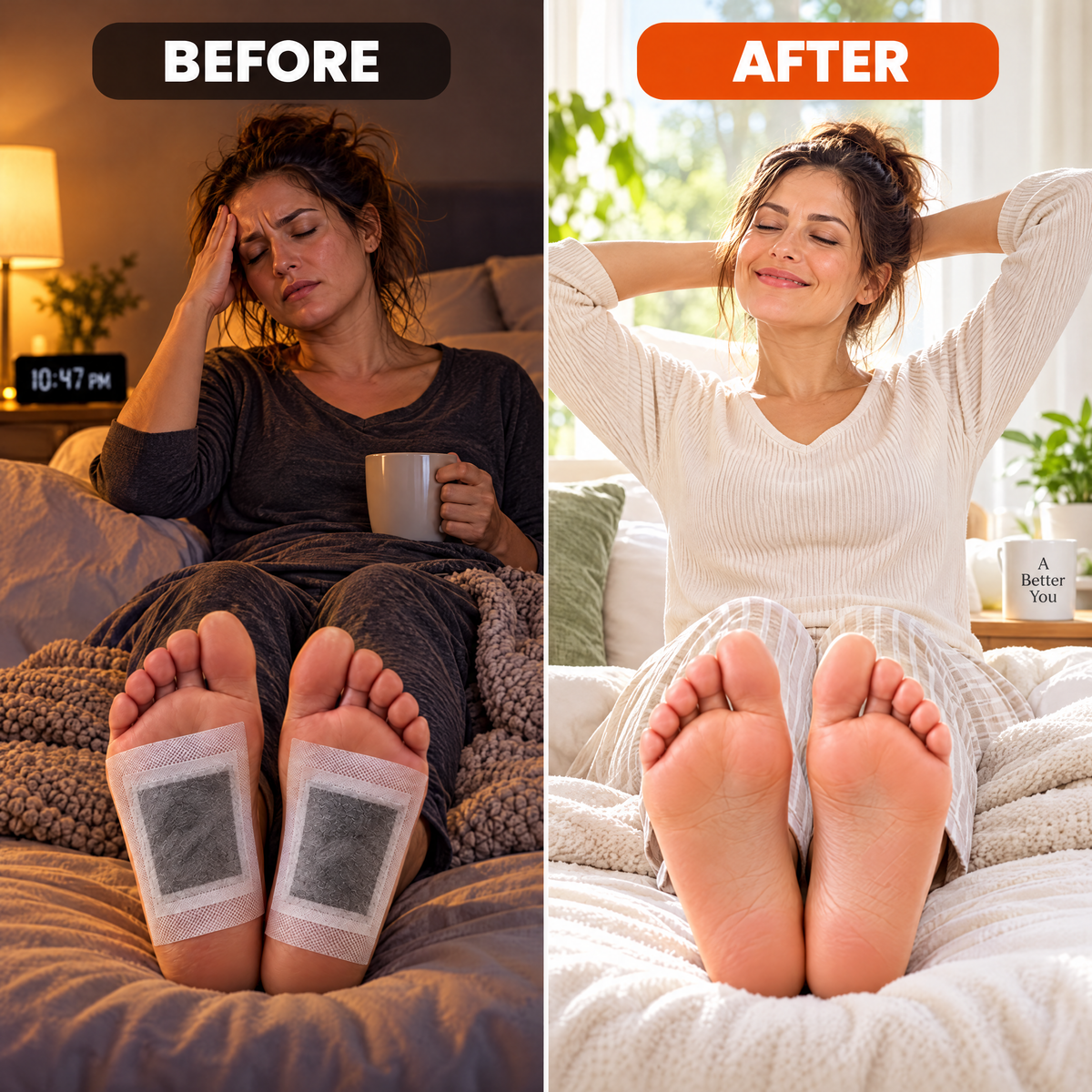 Before and after: tired at night, refreshed in the morning