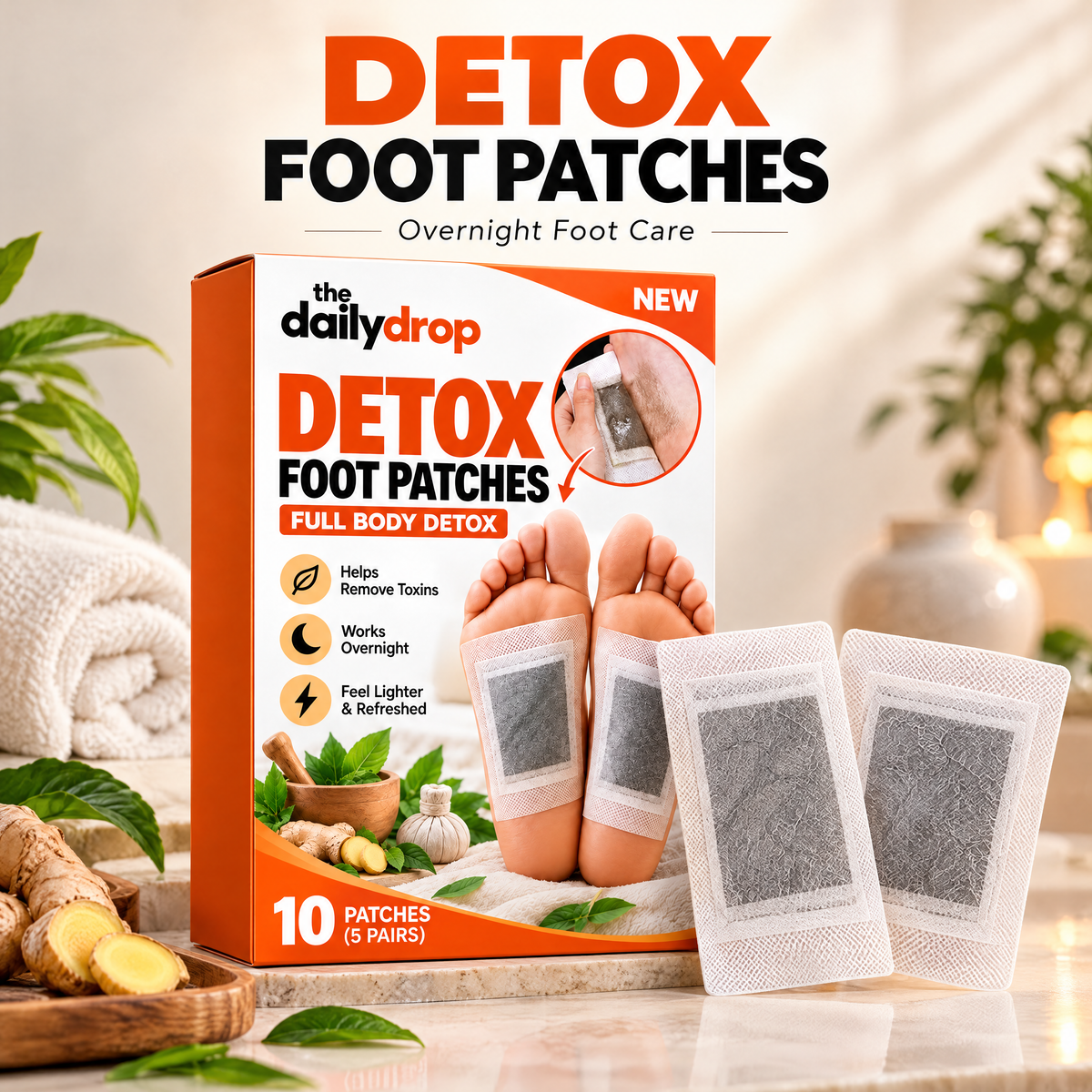 The Daily Drop Detox Foot Patches box — 10 patches, 5 pairs