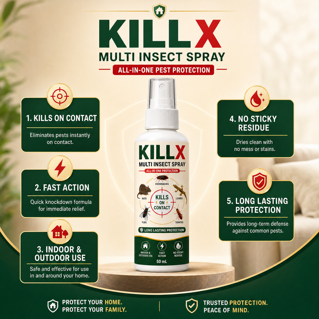 Spraying KILLX along a floor corner indoors