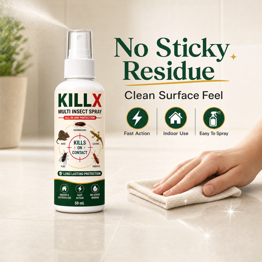 Pests KILLX is used against — cockroaches, flies, lizards, termites