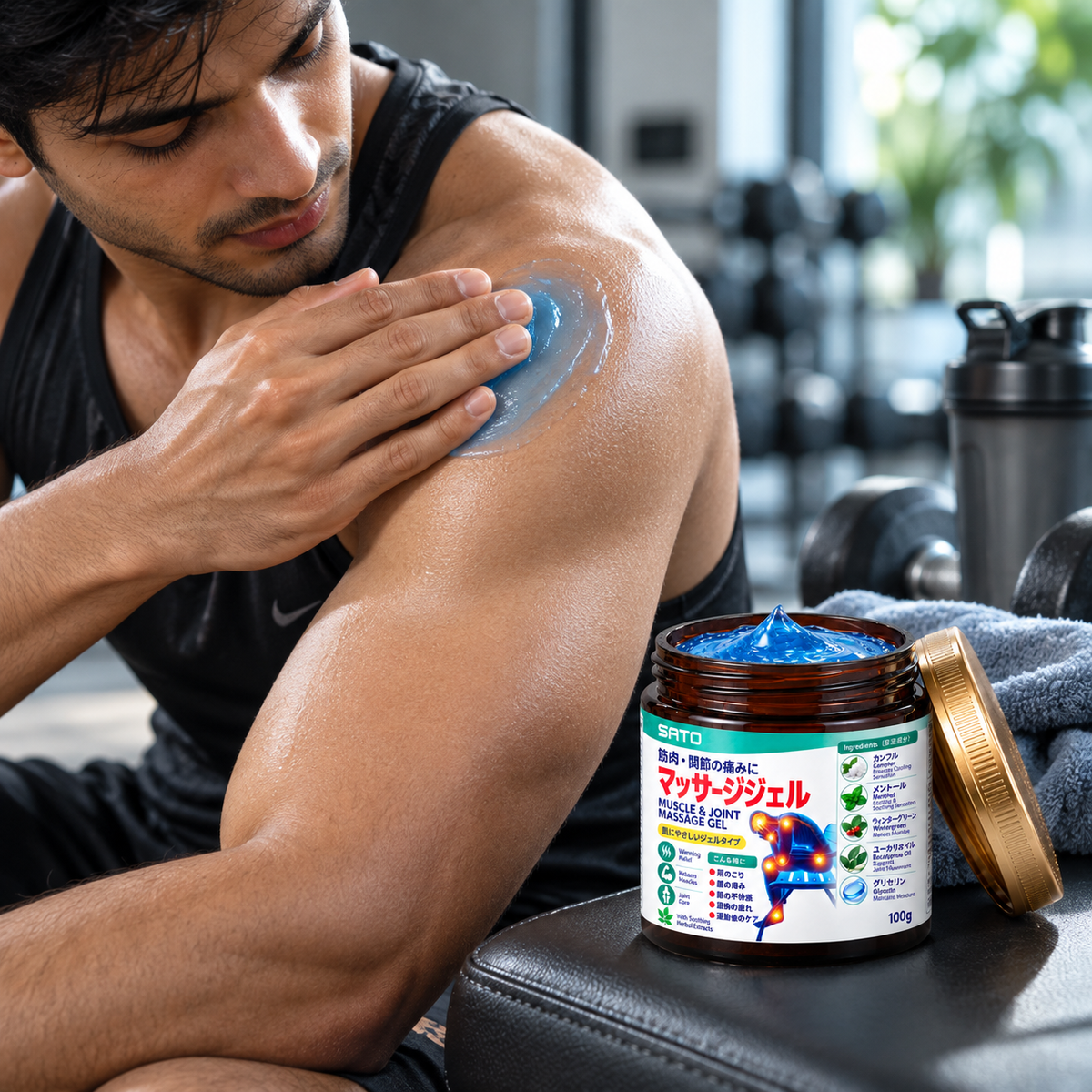Man massaging blue gel into his shoulder at the gym