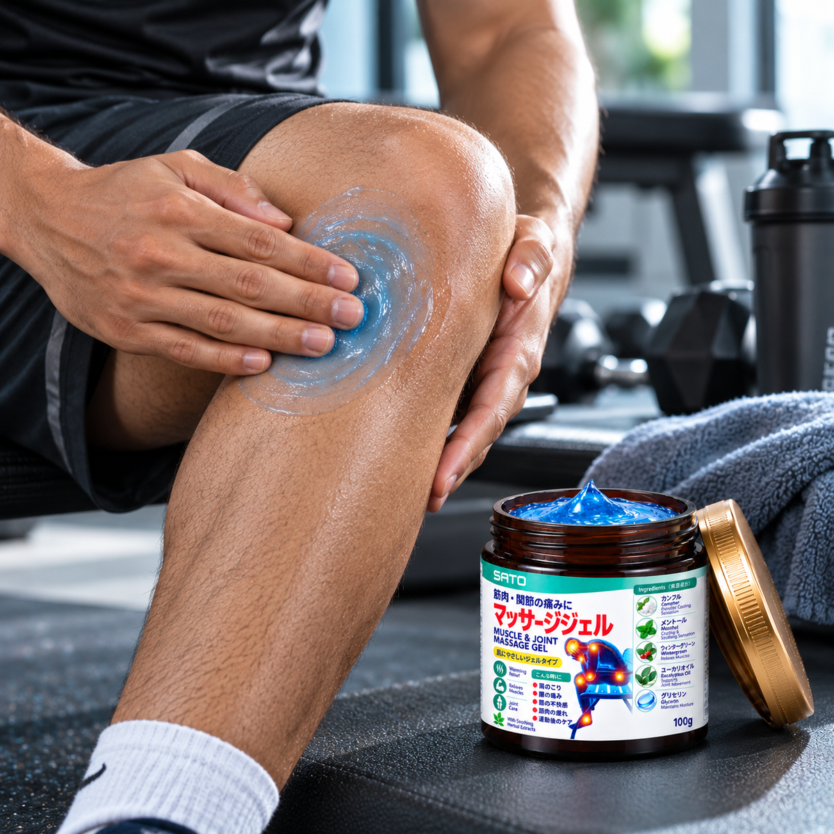 Massaging the blue gel into the knee after a workout