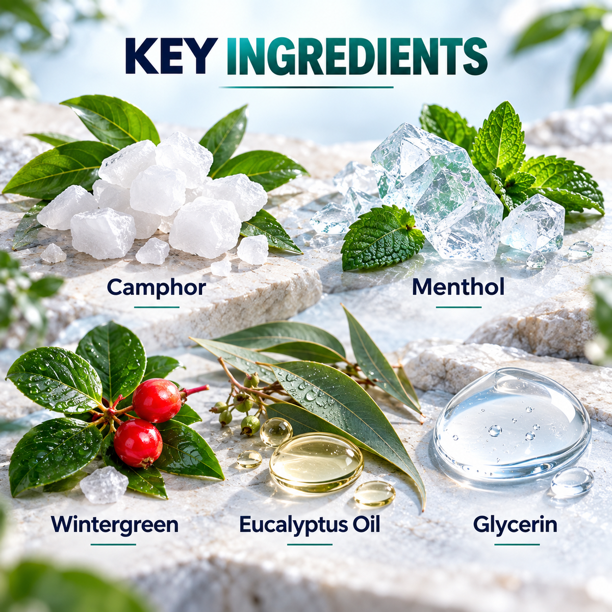 Camphor, menthol, wintergreen, eucalyptus oil and glycerin