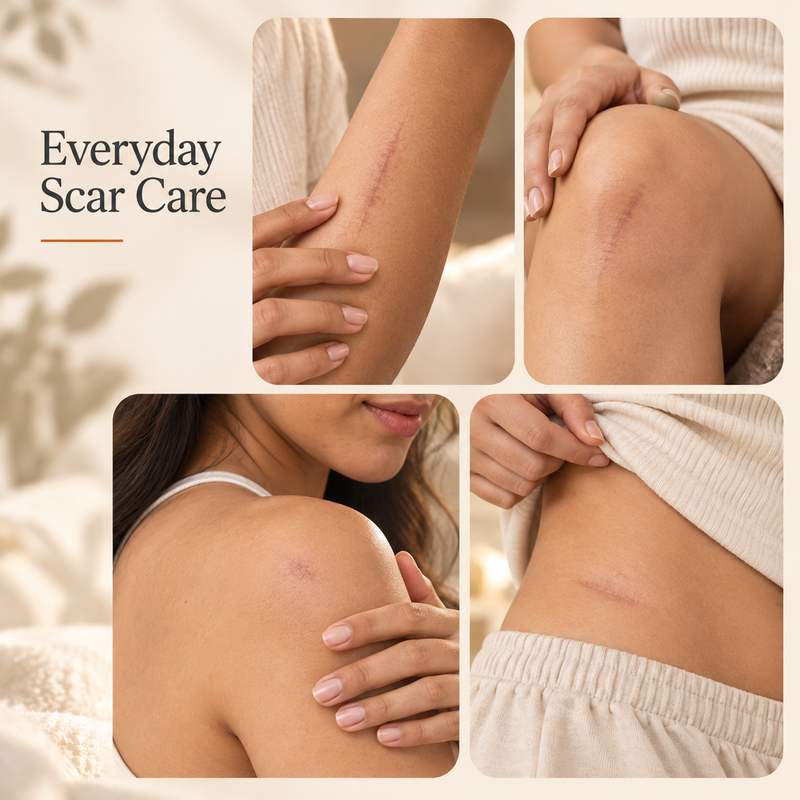 Everyday scar care on arm, knee, shoulder and body