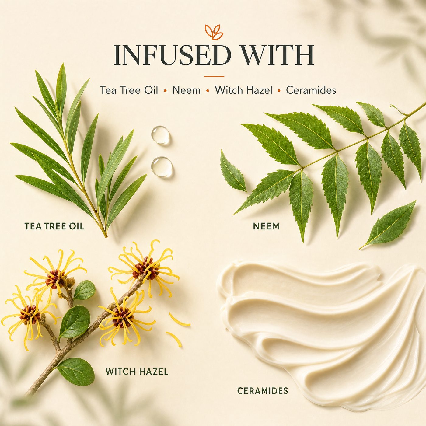 Tea tree oil, neem, witch hazel and ceramides arranged on a cream surface