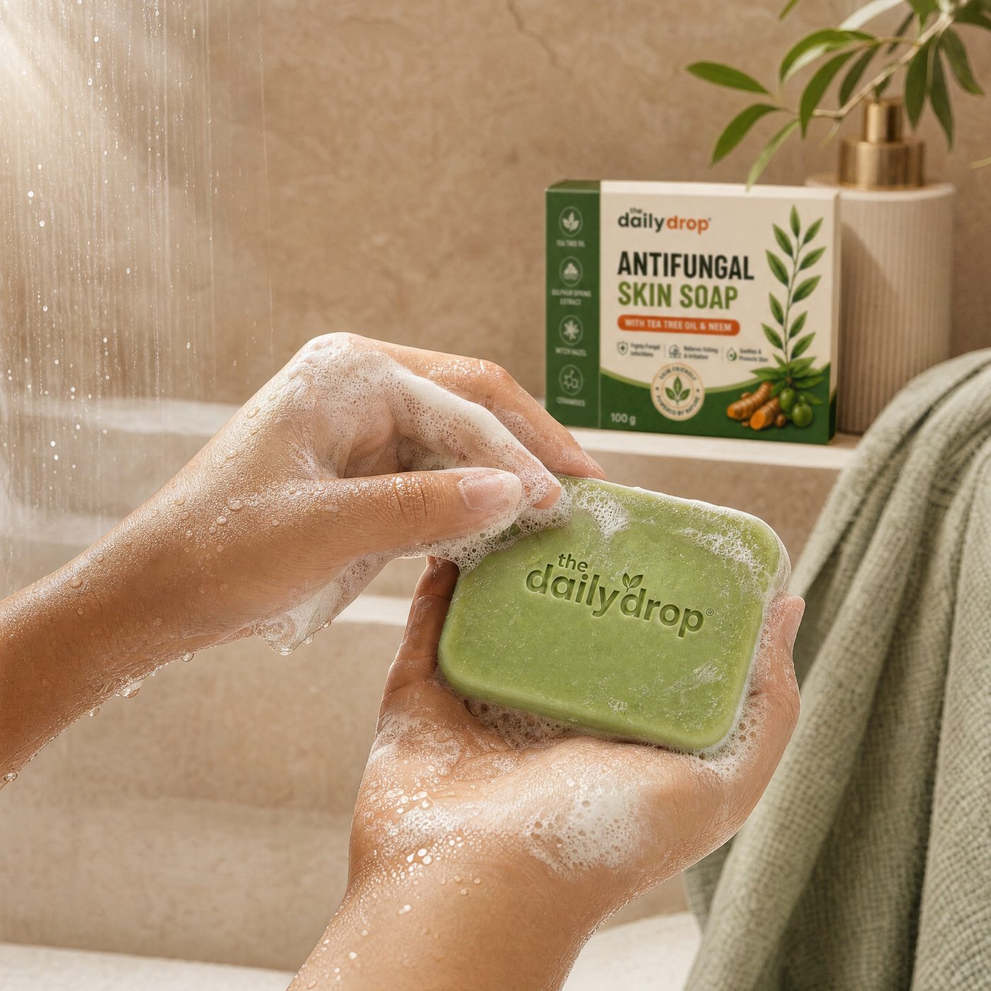 Hands lathering the green bar under a shower