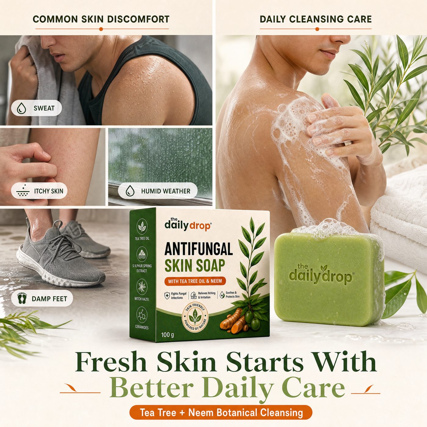 Common skin discomfort from sweat and humidity compared with a daily cleansing routine