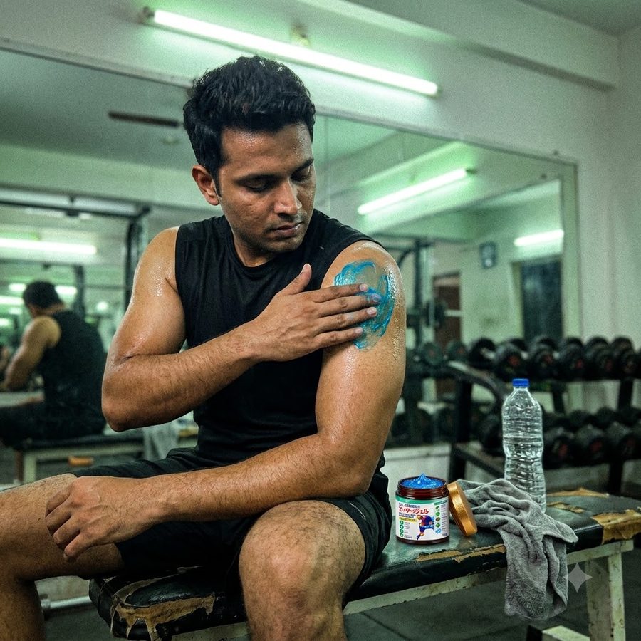 Applying the gel to the shoulder on a gym bench