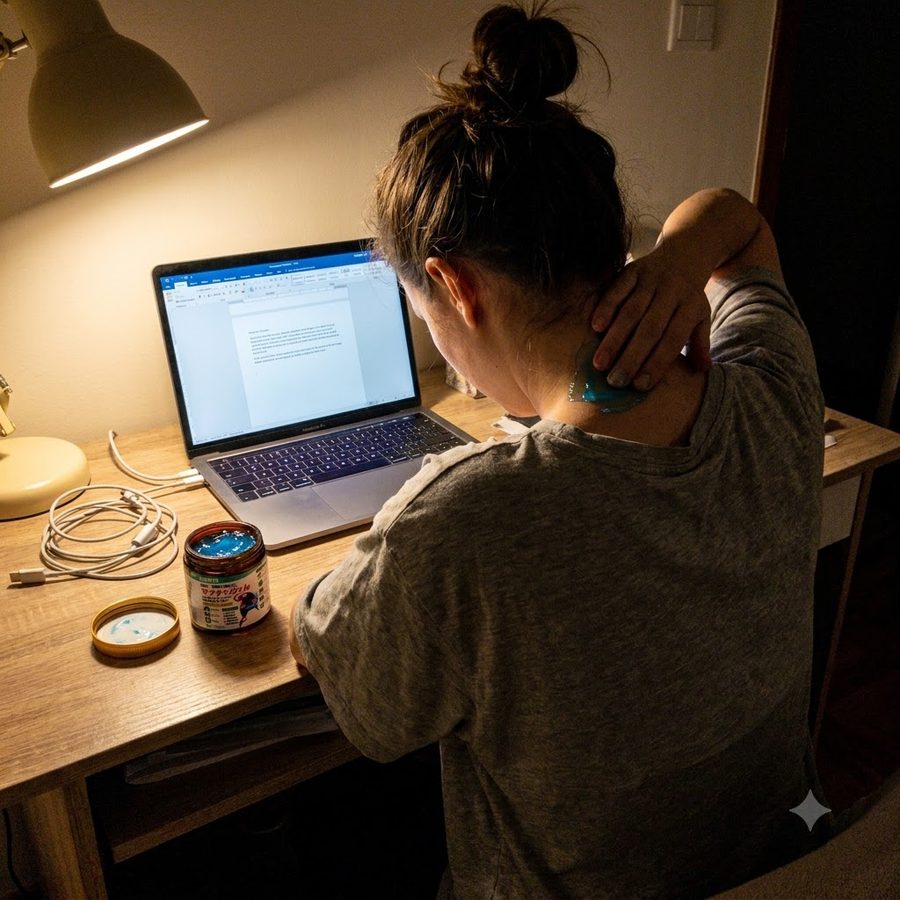 Massaging the gel into the neck at a desk at night